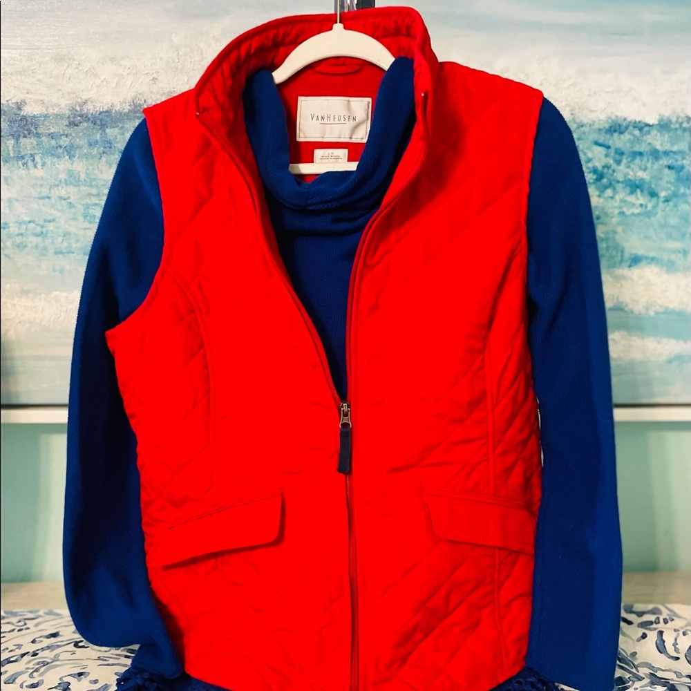 Van Heusen Red Quilted Vest with Blue Knit Sweater